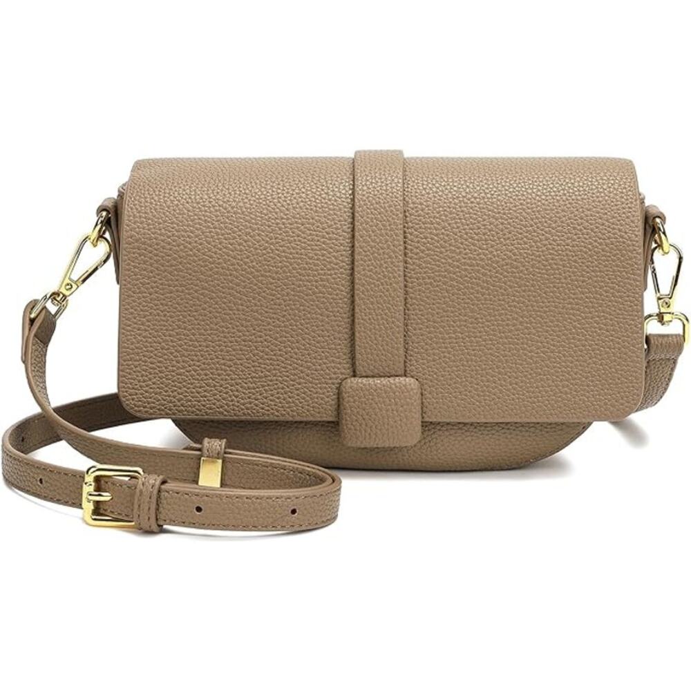 Classic Brown Pebbled Vegan Leather Crossbody Bag with Gold Hardware & 2 Straps